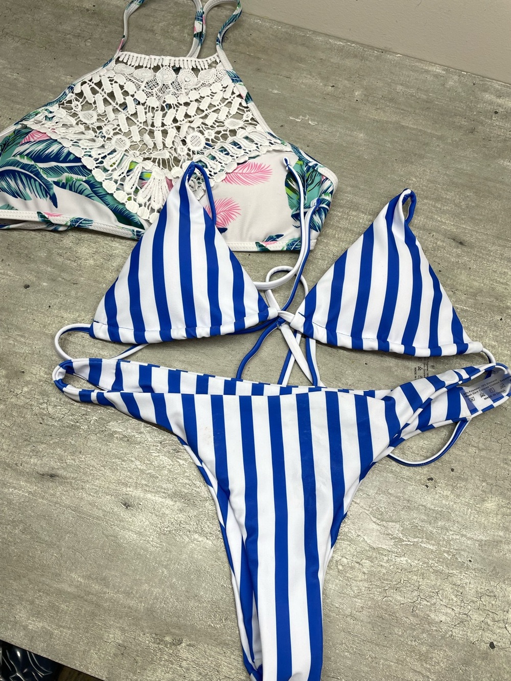 Unbranded Bikini‎ Swimwear Set Kids Large Blue White Striped Tropical Excellent